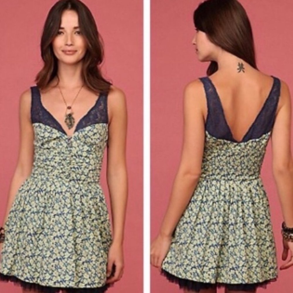 Free People Navy Lace Trim Floral Mini Dress